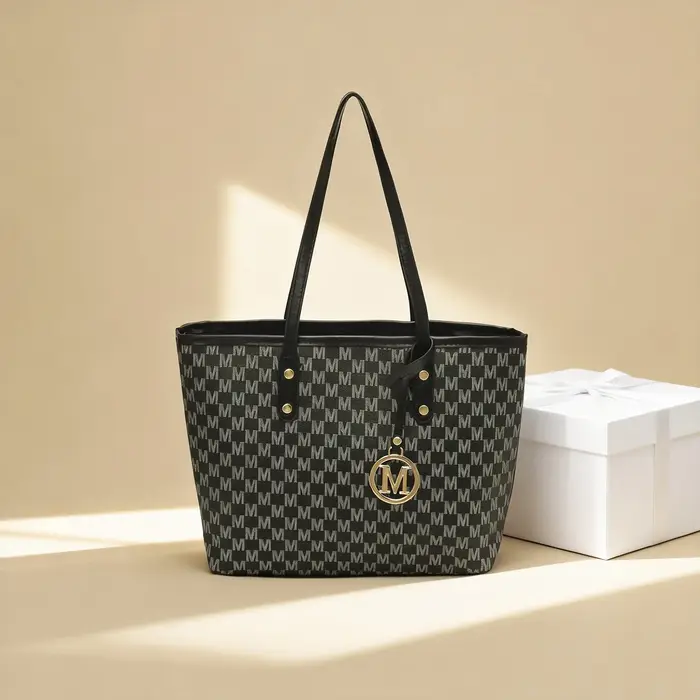 Sac fourre-tout tendance avec imprimé lettre M, pendentif lettre dorée en PU, fermeture éclair, gran