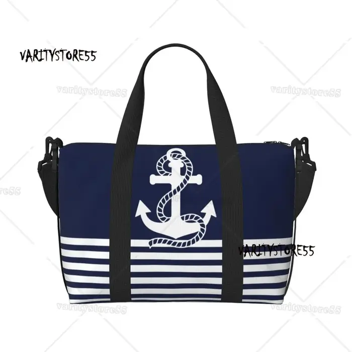 Sac fourre-tout de plage personnalisé à rayures bleu marine et ancre blanche pour femmes