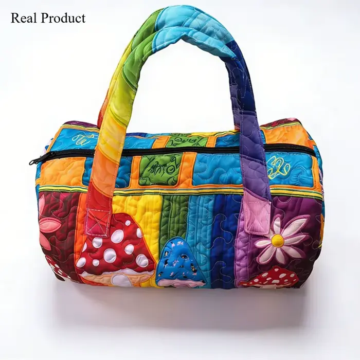Sac de voyage cylindrique en toile matelassée 3D avec motif floral bleu croisé