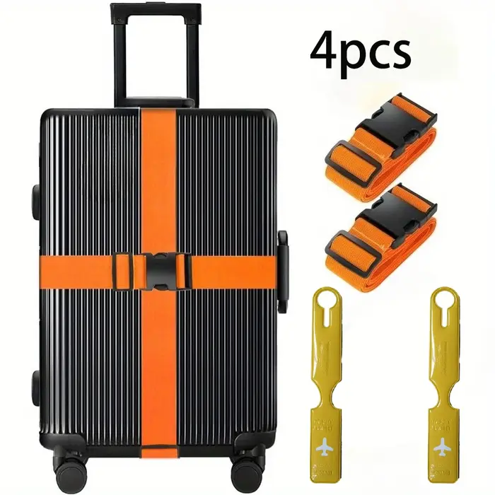 Ensemble de 4 sangles de bagages + étiquettes de bagages, sangles d'emballage en nylon extra-longues