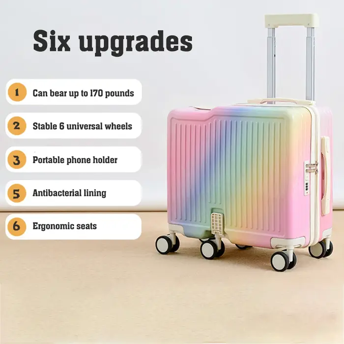 Valise à roulettes 18 pouces, bagage cabine portable, 6 roues, fermeture éclair, verrouillable, peut