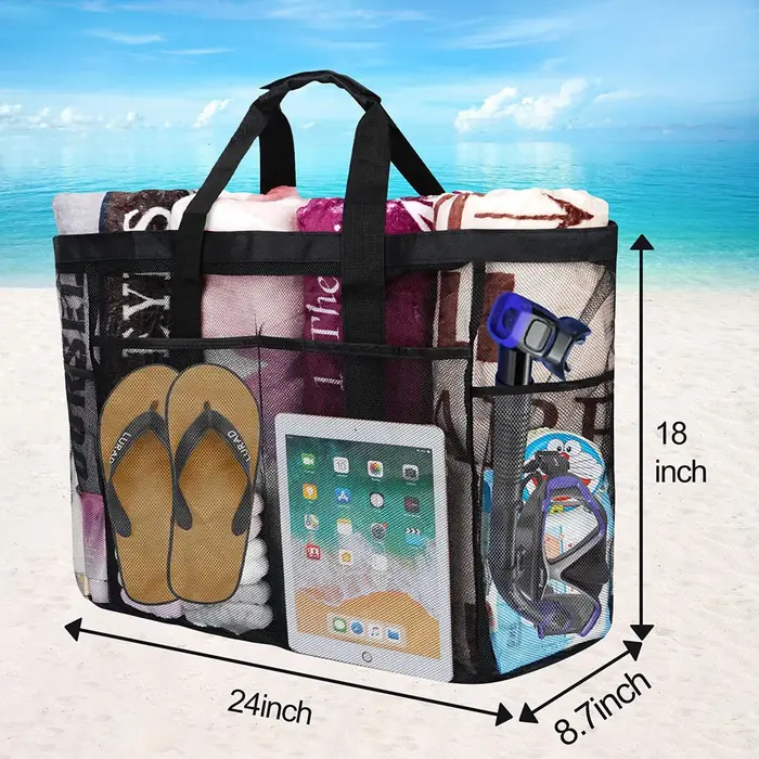 Grand sac de plage en maille avec fermeture éclair et poche