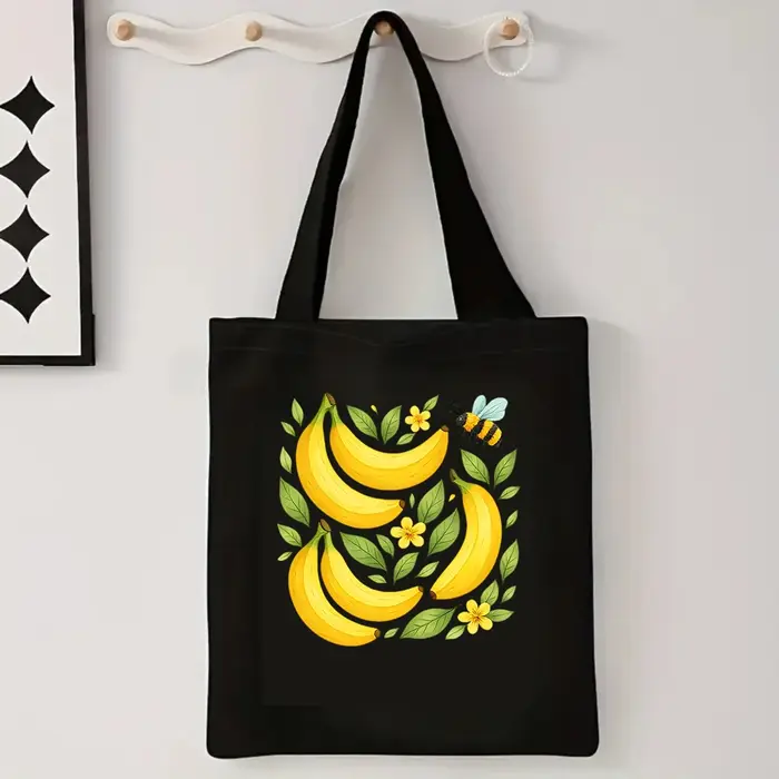Sac fourre-tout en toile motif banane mignon, imprimé abeille et fruits, sac à bandoulière grande ca