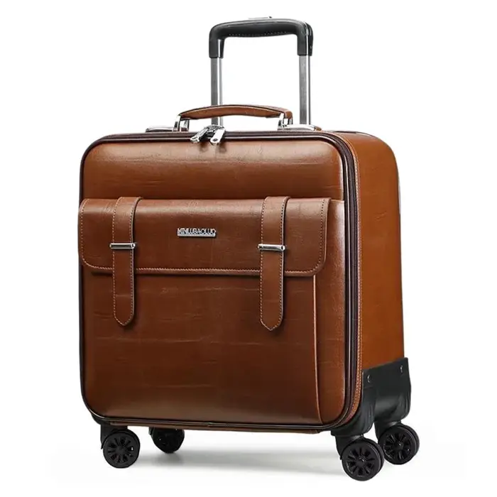 Valise à roulettes en cuir véritable pour hommes, bagage à main avec 4 roulettes, valise de voyage d'affaires