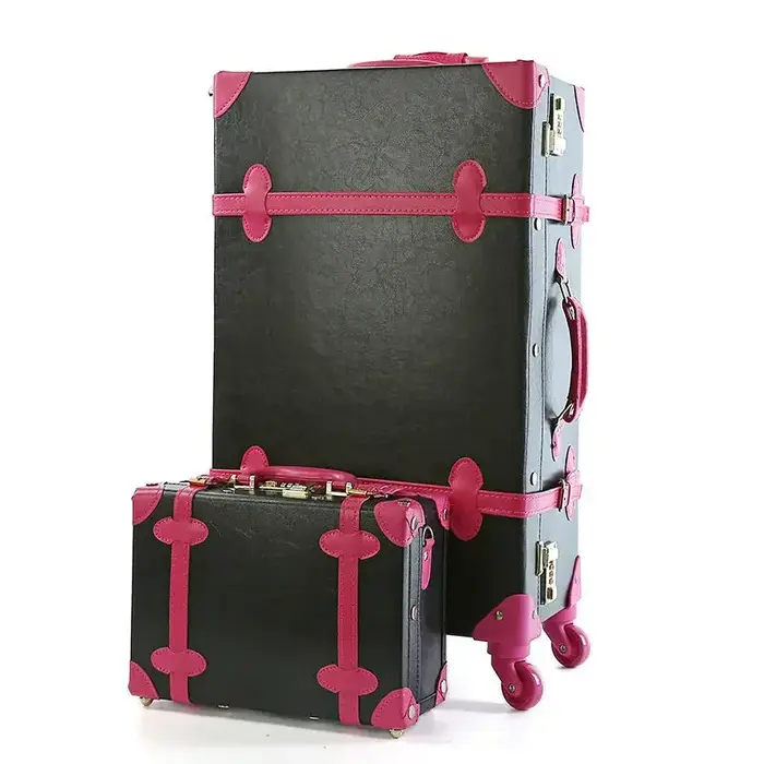Valise à roulettes en cuir PU rétro pour filles