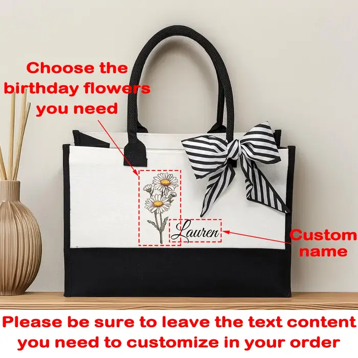 Sac fourre-tout personnalisé en toile avec fleurs du mois de naissance, Souvenir de demoiselle d'hon