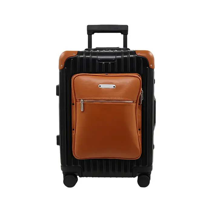 Valise à bagages tout en aluminium de 20 pouces avec compartiment avant en cuir - Valise de voyage r
