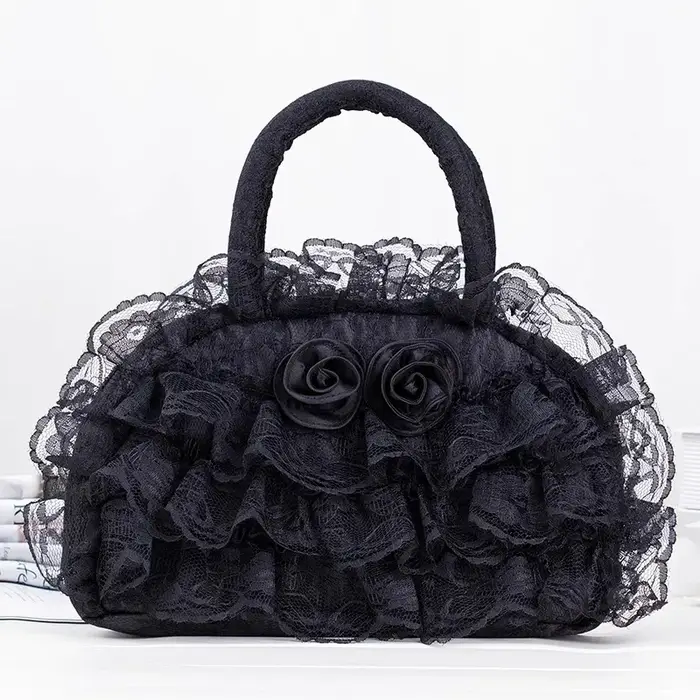 Nouveau design Sac à main Lolita pour femme, sac fourre-tout en dentelle florale fait main, sac band