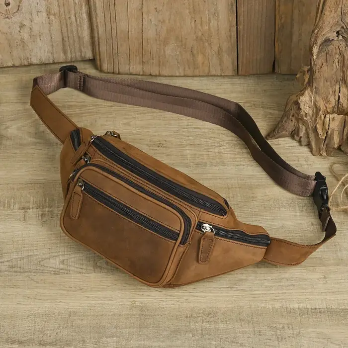 Crazy Horse Skin Sac de taille en cuir avec couche Baotou pour homme Sac à bandoulière multifonctionnel pour sport et