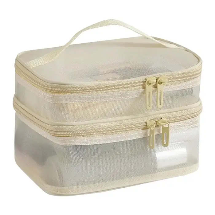 Sac de maquillage en maille double couche, trousse de toilette, sac de rangement portable pour femme