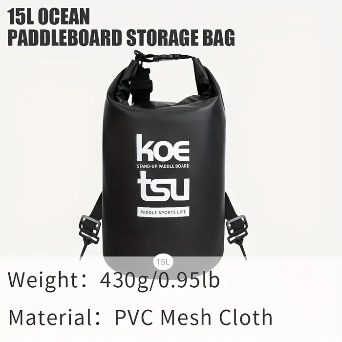 KOETSU sac à dos de voyage en PVC noir 15L, sac de planche à pagaie de grande capacité, rangement sû
