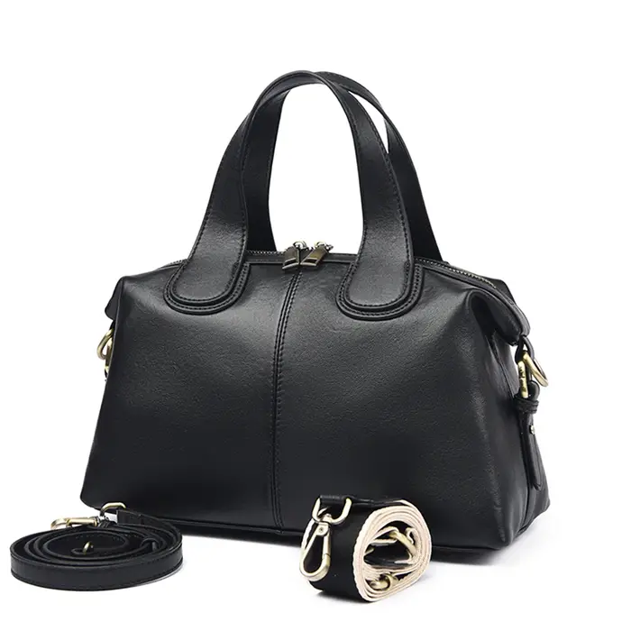 Sac Boston noir minimaliste en cuir véritable pour femmes