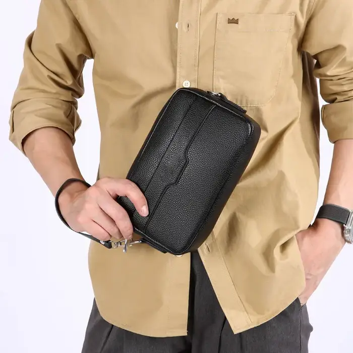 Sac à bandoulière rétro multifonctionnel pour homme en cuir litchi
