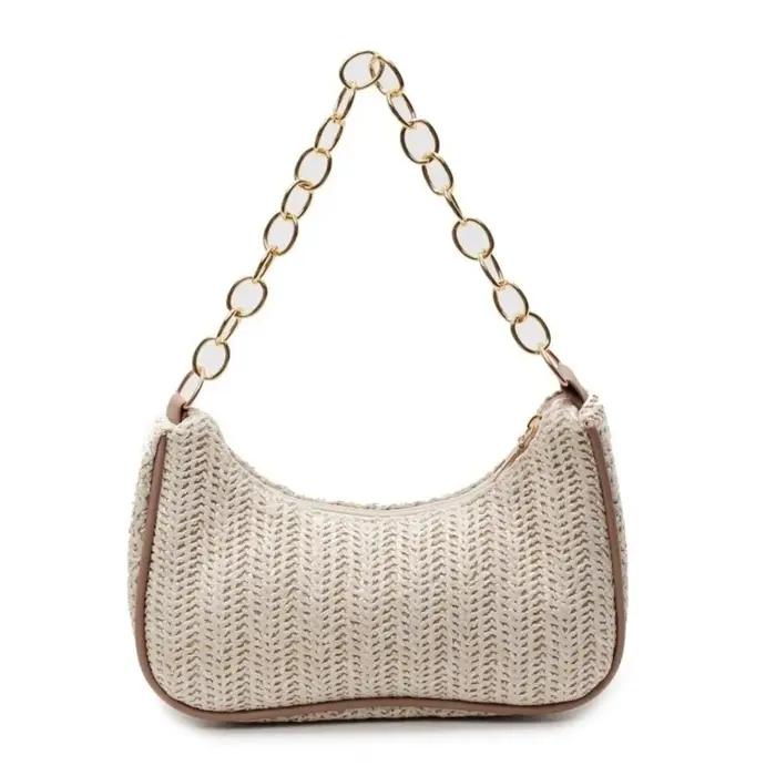 Sac à bandoulière bohème portable en paille, sac carré tressé à fermeture éclair, sac de bras couleu
