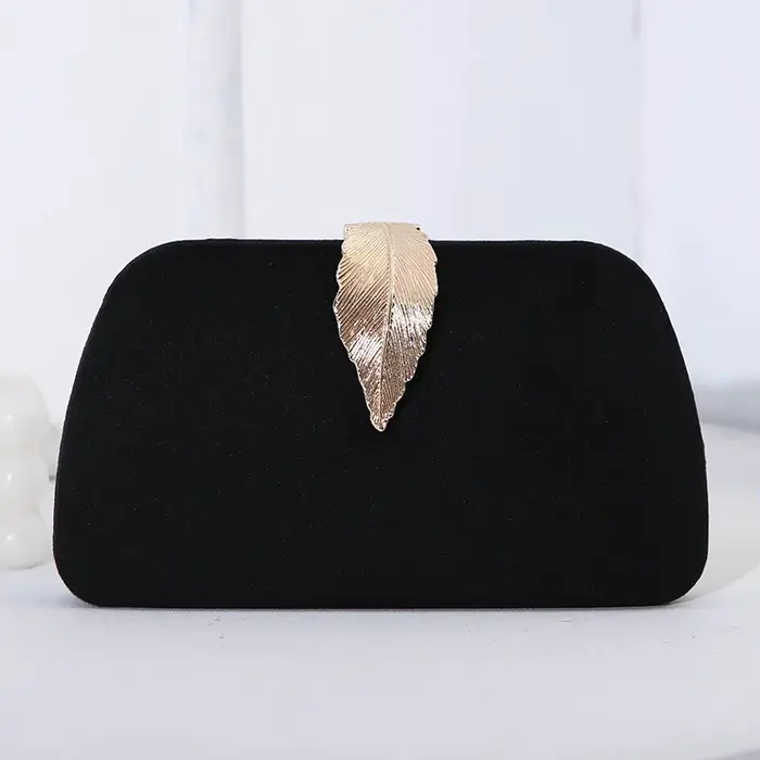 Pochette de soirée élégante en velours avec détail feuille métallique, sac à main pour mariage, fête