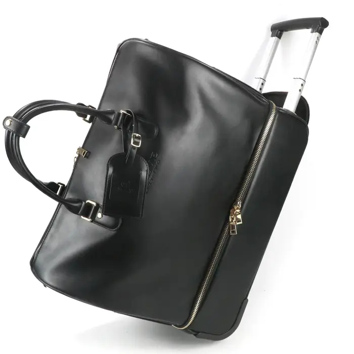 Sac de voyage à roulettes en cuir véritable noir de 19 pouces, sac de voyage à roulettes avec port U