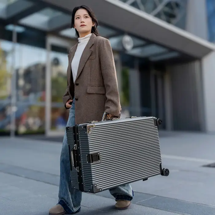 Valise Wolverine, une valise rigide avec 108 rivets, taille 20-28 pouces, dotée de roues silencieuses tout-terrain et d'un porte-gobelet.
