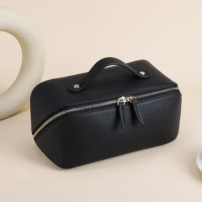 Sac à cosmétiques en cuir véritable de grande capacité pour femme ou fille, sac de maquillage en cui