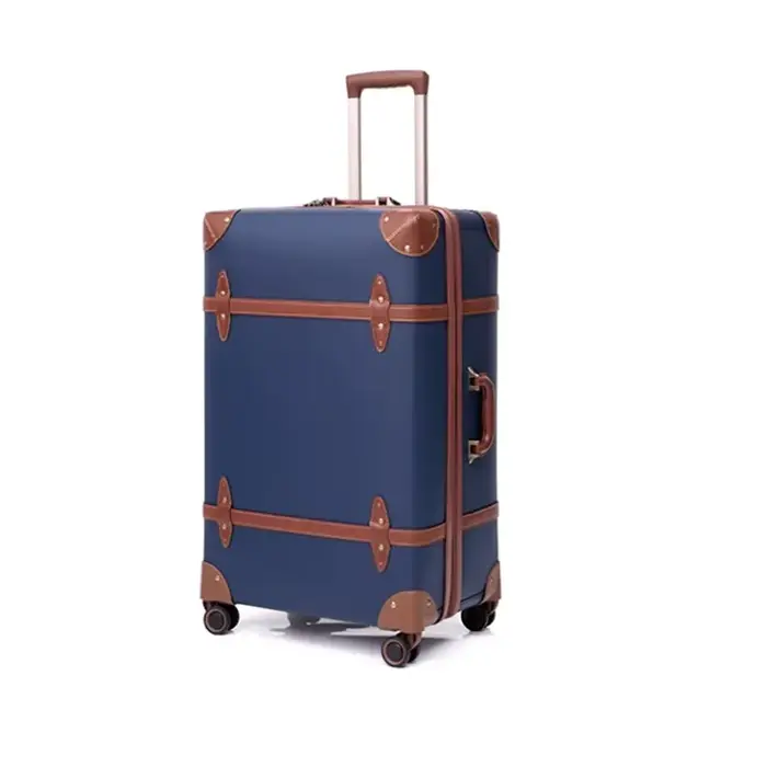 Bagage d'affaires Vintage en cuir bleu, valise à main de 20 pouces + valise à carreaux de 24 pouces,