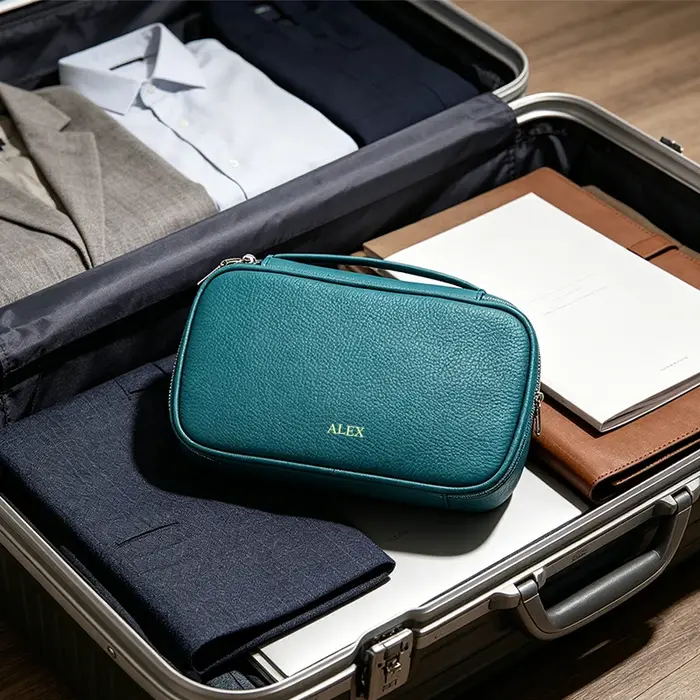 Trousse de Toilette de Voyage en Cuir de Vachette Grande Capacité Personnalisable avec Nom