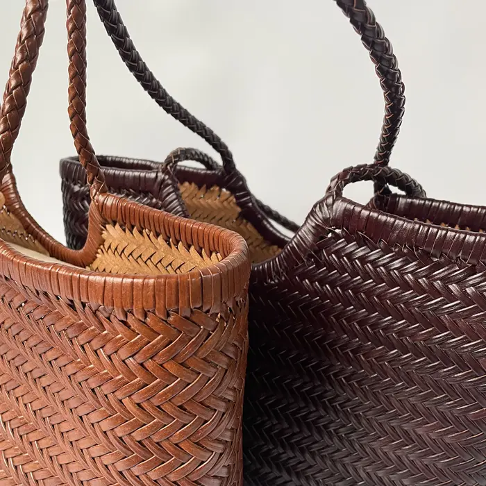 Sac fourre-tout vintage en cuir véritable tissé à la main