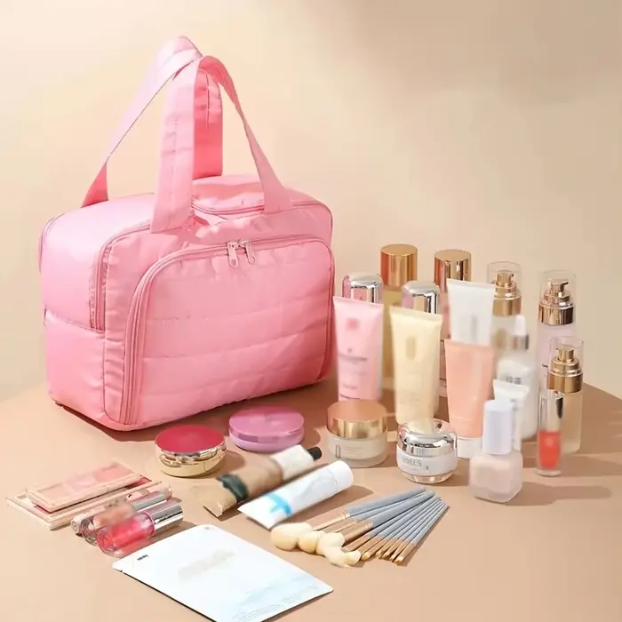 Grande trousse de maquillage matelassée - Sac de rangement portable multifonctionnel - Design à plusieurs couches - Nylon durable - Idéal pour les cadeaux de Noël