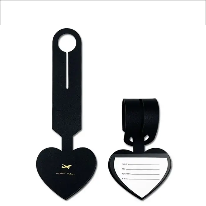 Étiquette de bagage en forme de cœur en PU pour avion, accessoires de voyage, étiquette d'adresse, é