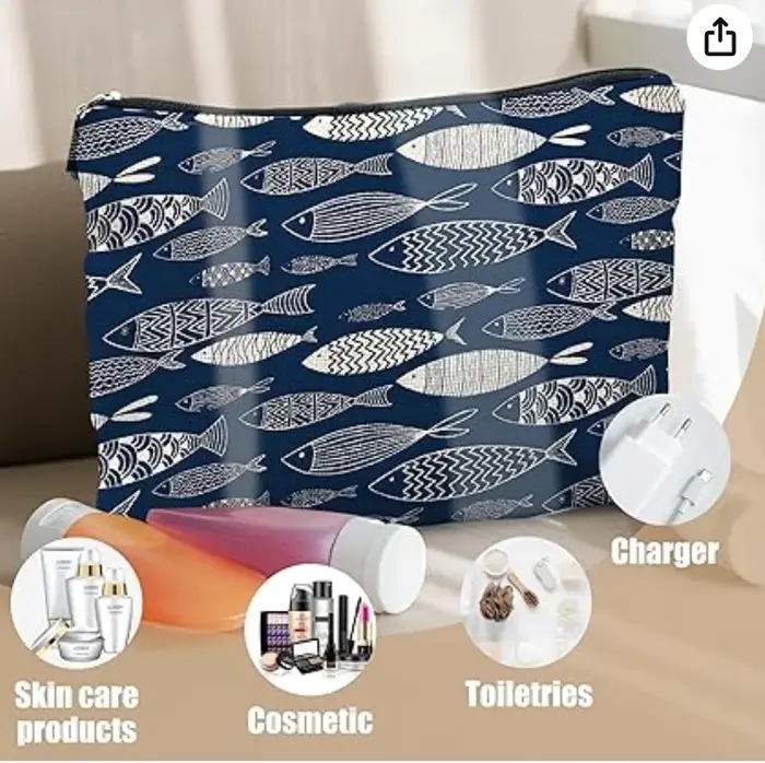 Trousse de maquillage et de toilette de voyage en toile bleu marine à motif poisson et plage