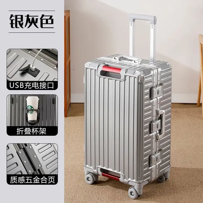 Valise de voyage grande taille avec cadre en aluminium, bagage à roulettes avec porte-gobelet et ser