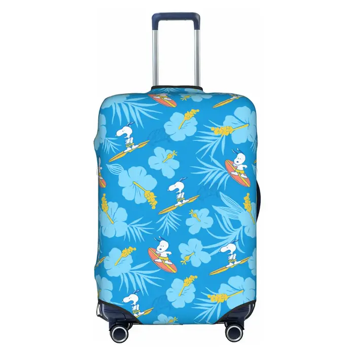 Housse de protection pour bagages, motif Snoopy surfant sur un papier peint floral bleu, housse de p
