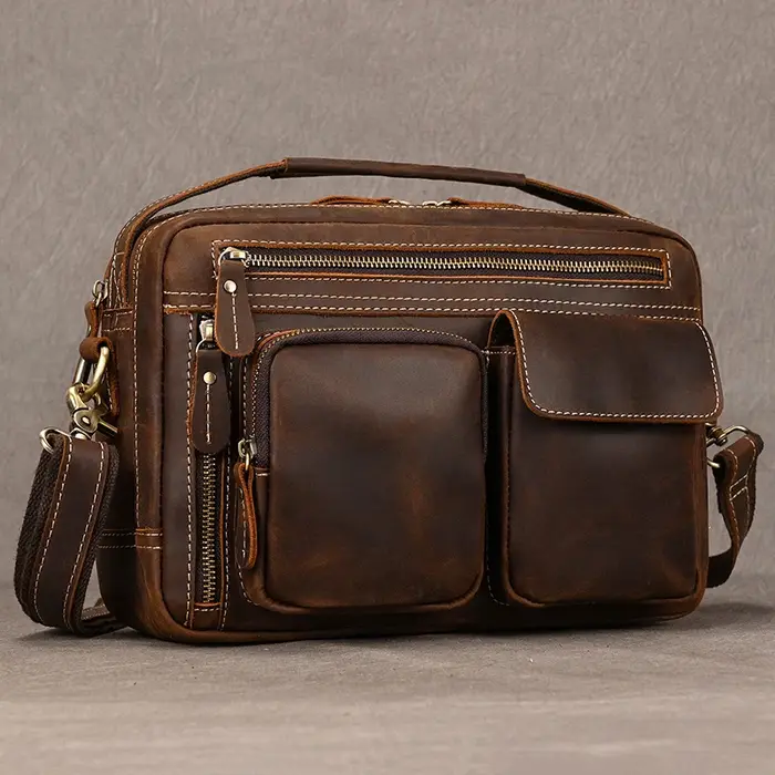 Grand sac à bandoulière en cuir véritable pour hommes