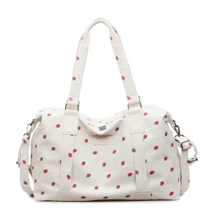 Sac fourre-tout de voyage en velours côtelé grande capacité, sac à main de voyage motif fraise avec 