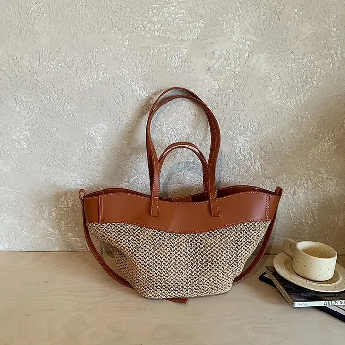 Sac fourre-tout en paille tressée avec garniture en cuir, grande capacité, sac à bandoulière décontr