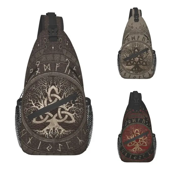 Sac à dos à bandoulière en cuir marron arbre de vie avec Triquetra pour hommes