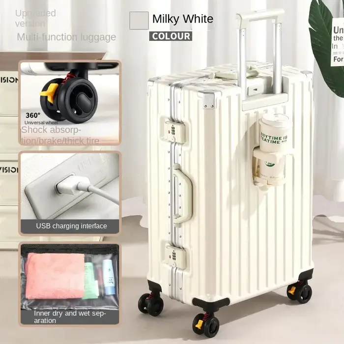 Valise de voyage multifonction avec frein à roue, chargement USB, cadre en aluminium, pour hommes et