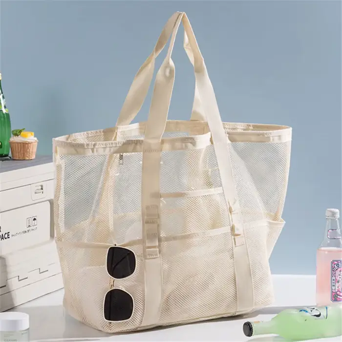 Sac de toilette en nylon ajouré, sac de plage pliable, sac à main en maille respirant, sac de rangem