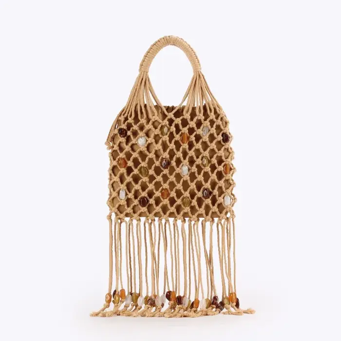Sac fourre-tout tressé fait main pour femme avec franges à pampilles et détails perlés, style bohème