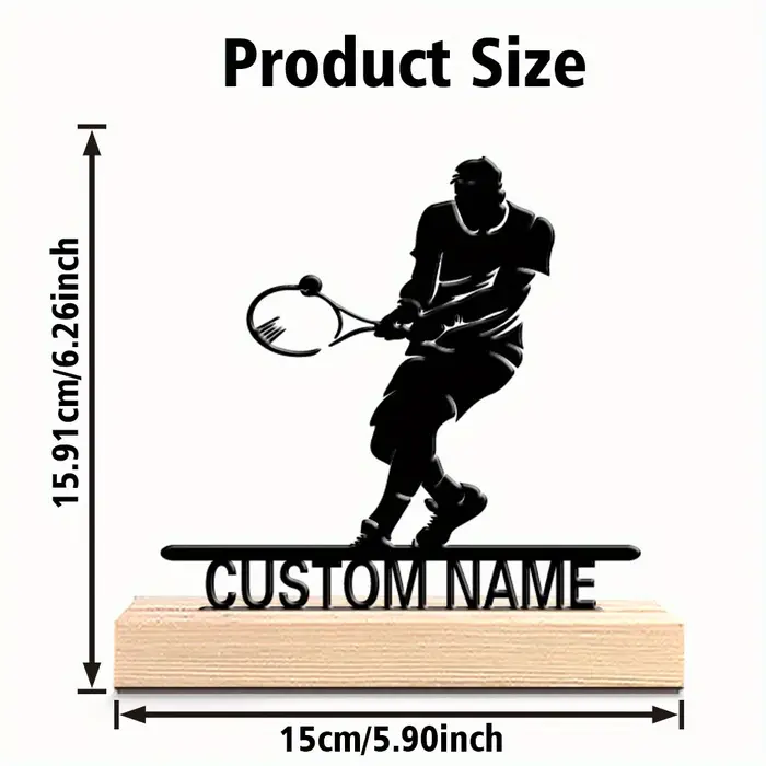 Statue en métal personnalisée de joueur de tennis avec base en bois, trophée de bureau personnalisé 