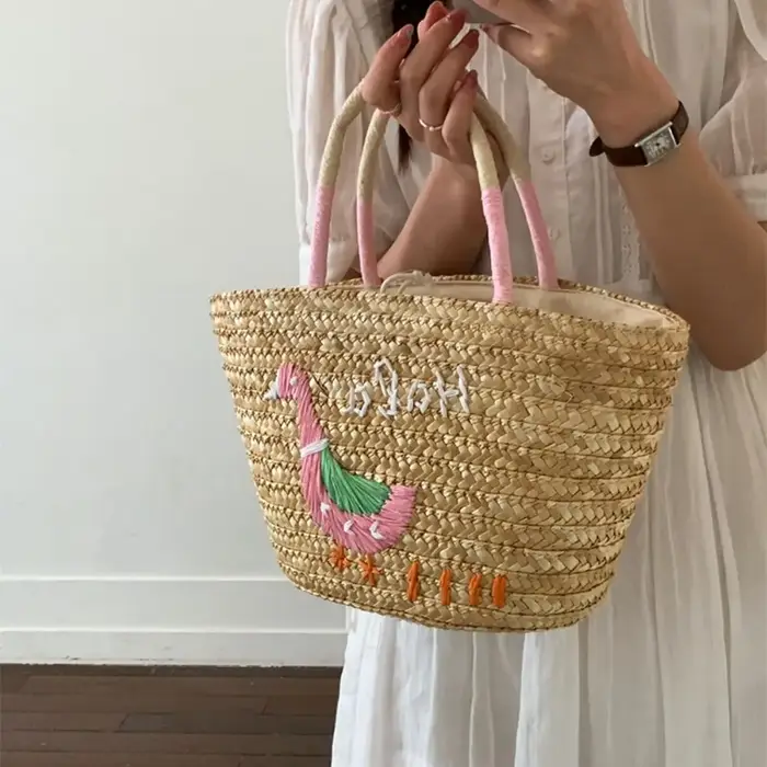 Sac de plage d'été en paille brodée grande capacité motif cocotier