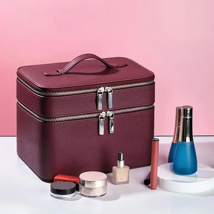 Sac cosmétique double couche en cuir PU