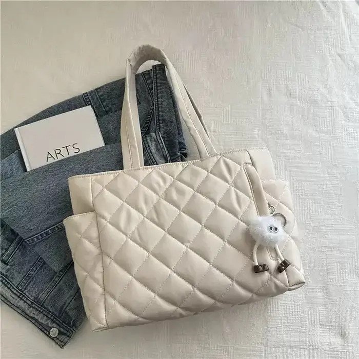 Sac fourre-tout en coton à motif losanges grande capacité pour femme, sac à main polyvalent pour le