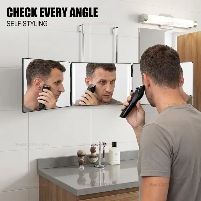 S Travel Portable 360 ° Miroir de maquillage pliable à trois volets avec crochet télescopique réglable en hauteur