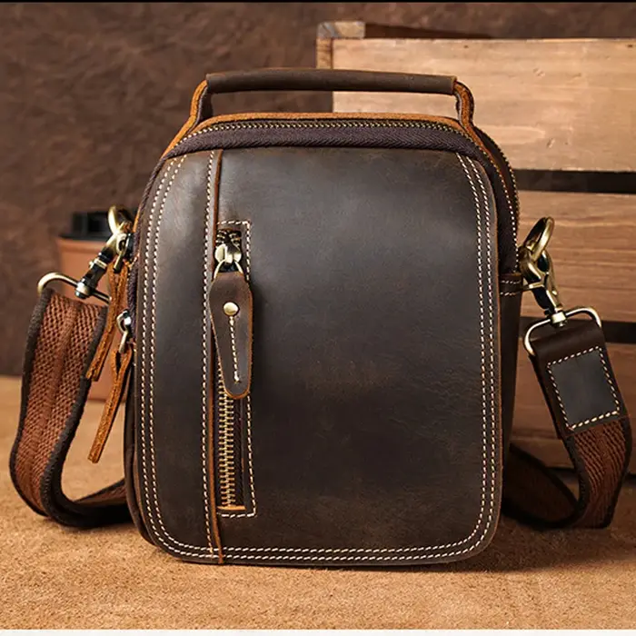 100% sacs de messager en cuir véritable rétro en cuir de vache homme sac corssbody poignées multifon