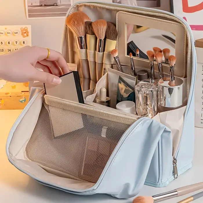 Grande Trousse de Toilette Verticale en PU Grande Capacité, Organisateur de Maquillage Portable, Pochette de Rangement pour Voyage, Maison et Quotidien, pour Cosmétiques et Articles de Toilette