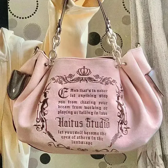 Sac à Main Gothique Rétro de Grande Capacité avec Lettres Brodées pour Femme, Sacoche à Bandoulière