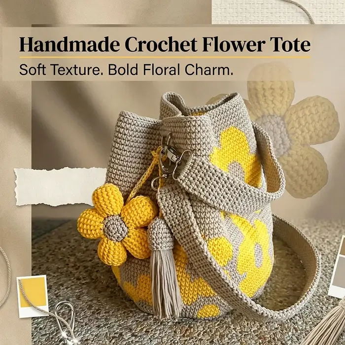 Sac cabas en crochet d'été avec motif floral vintage - Sac en pur coton fait main pour femmes 7