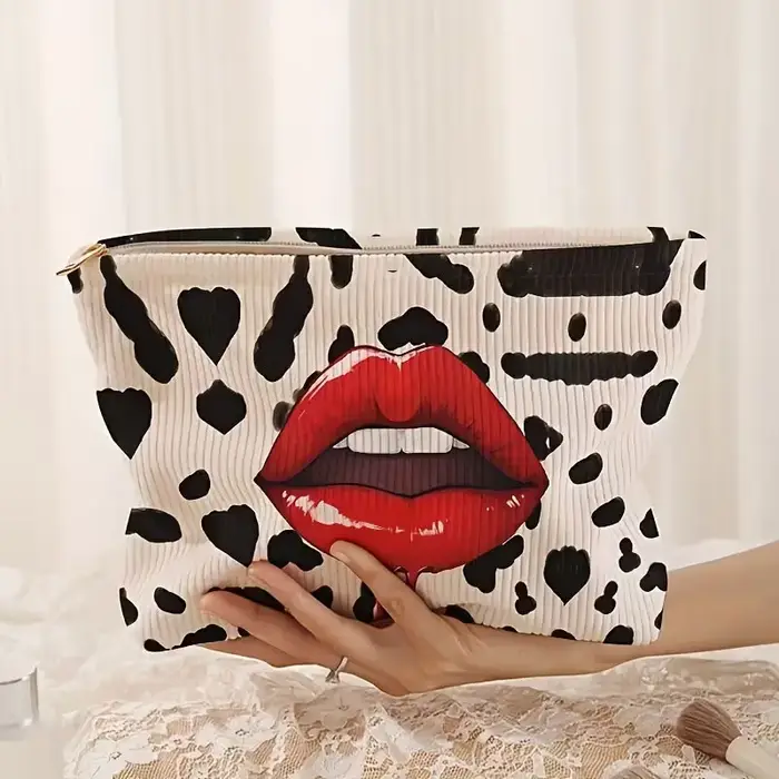 Pochette à maquillage en velours côtelé rouge – Organisateur de cosmétiques avec motifs cœur et bais