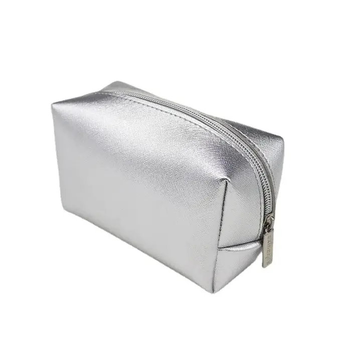Sac à Cosmétiques en Cuir PU Argenté pour Femme, Trousse de Maquillage Étanche à Fermeture Éclair, B
