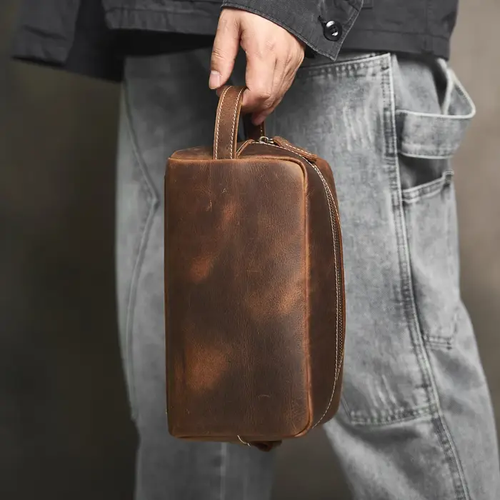 Grand sac à cosmétiques de voyage en cuir véritable pour femmes