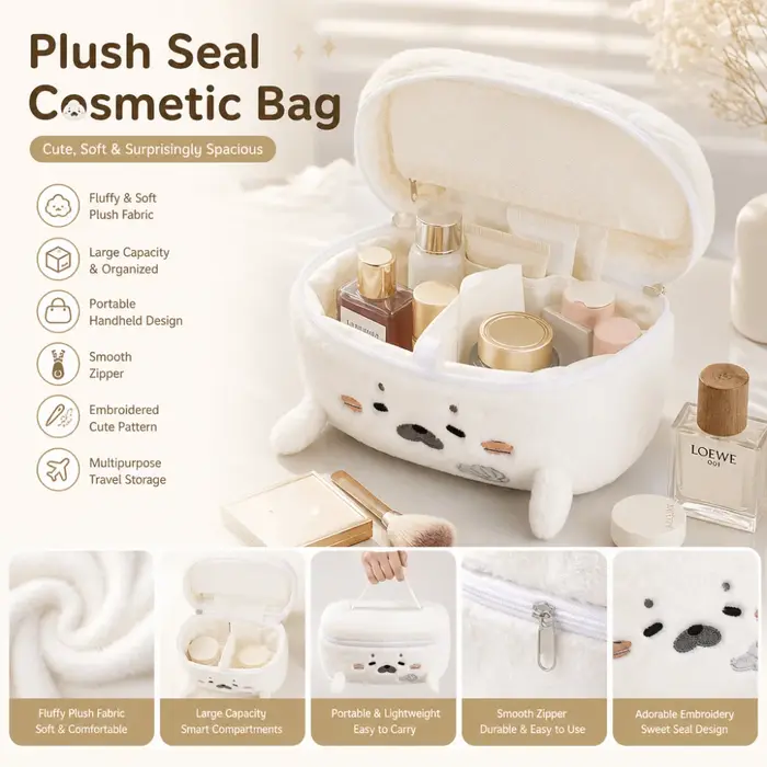 Trousse de Maquillage Grande Capacité Portable Motif Brodé en Forme de Phoque Mignon – Sac Cosmétique Multifonctionnel de Voyage